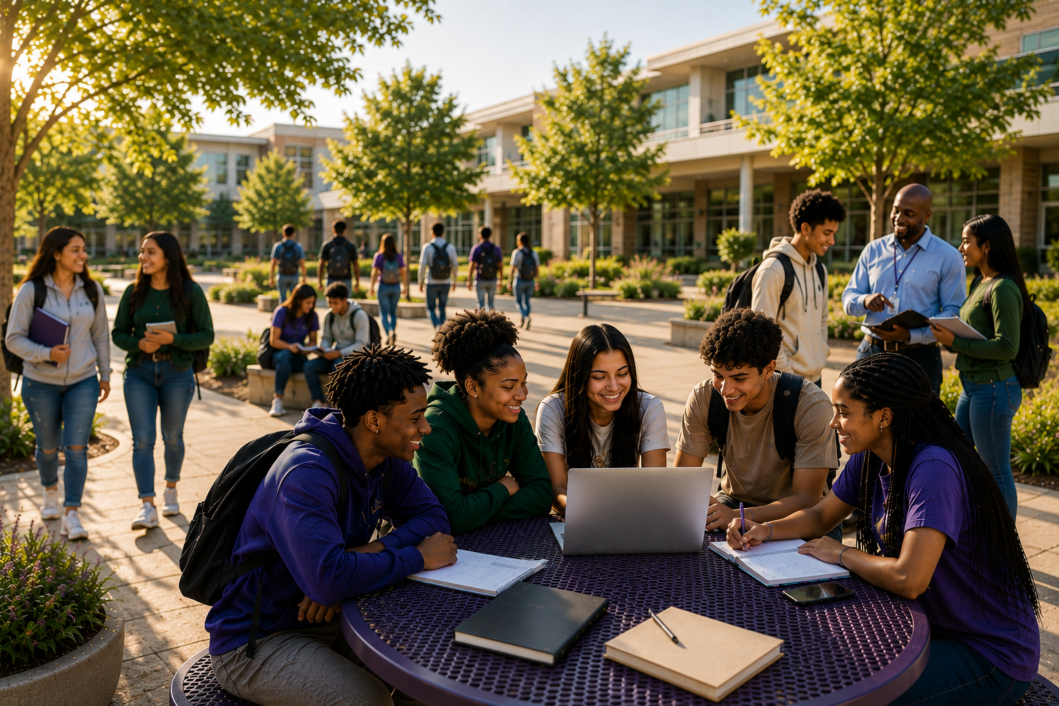 Diverse students connecting with educators on a modern campus